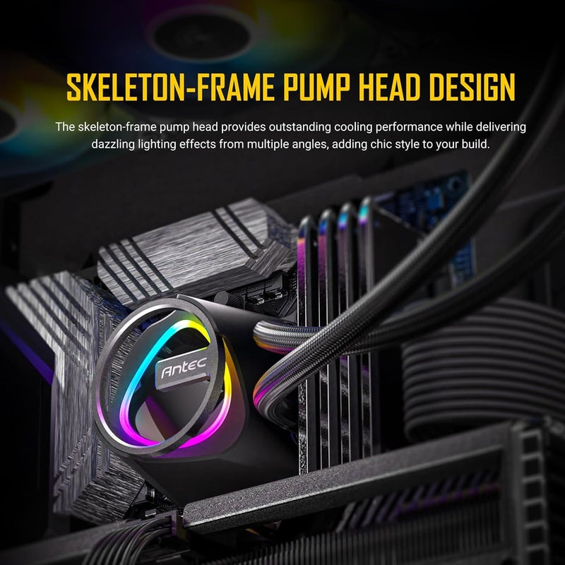 ANTEC Skeleton 360 ARGB Liquid CPU Cooler, 360mm Radiator, High-Performance Pump, 3 x 120mm PWM ARGB Fans, Copper Base, Intel LGA 115X/1200/1700/20XX, AMD AM4/AM5, Black - Image 2